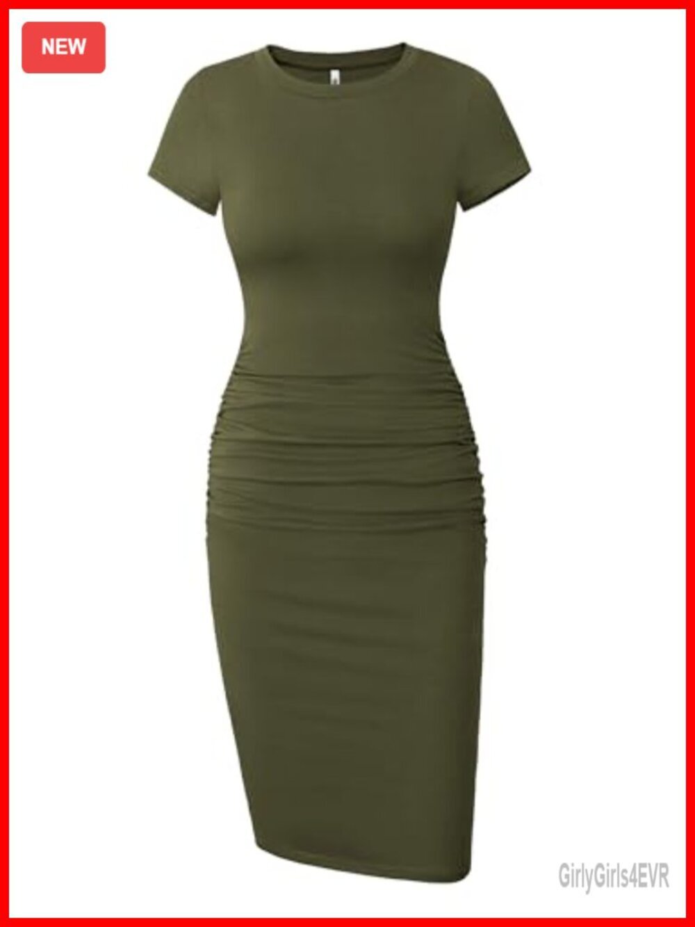 Short Sleeve Ruched Bodycon Midi Dress with Two Side Ruching